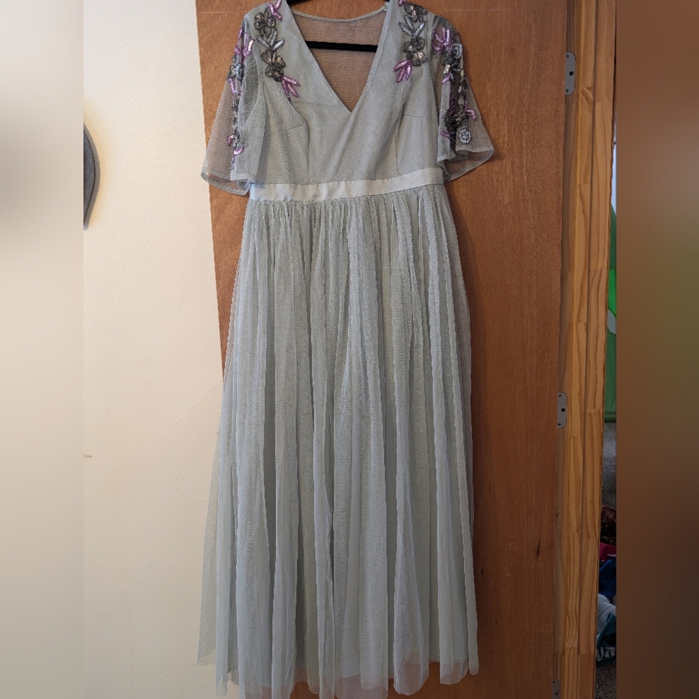 Elegant Sage GreenGown with Floral Embroidery